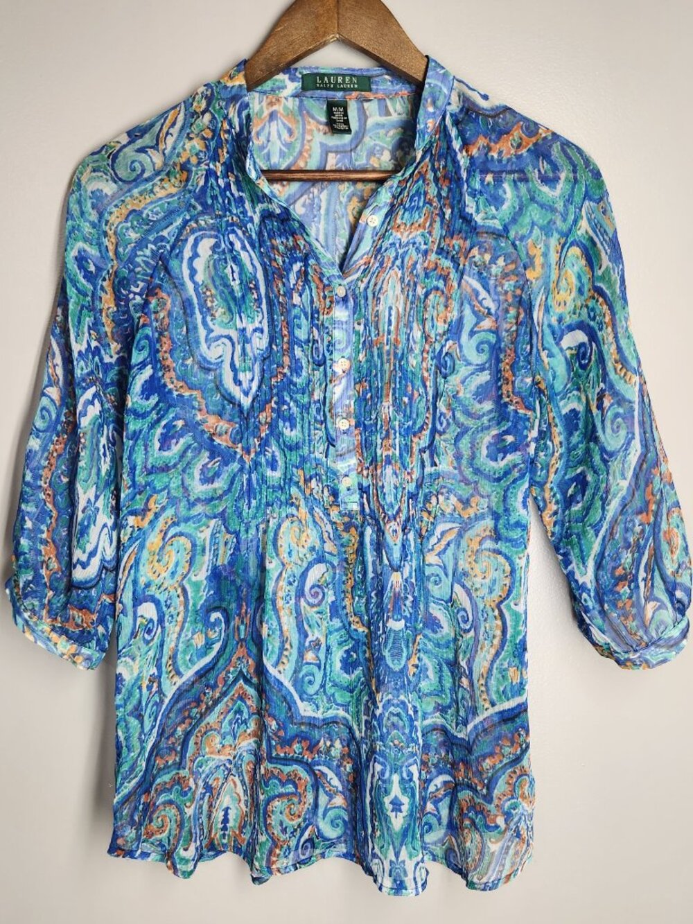 Lauren Ralph Lauren Paisley Sheer Popover Blouse Tunic Size M